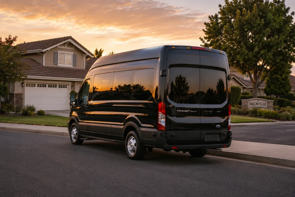 Black Ford Transit rear angle view for Davis airport shuttle service Solano County