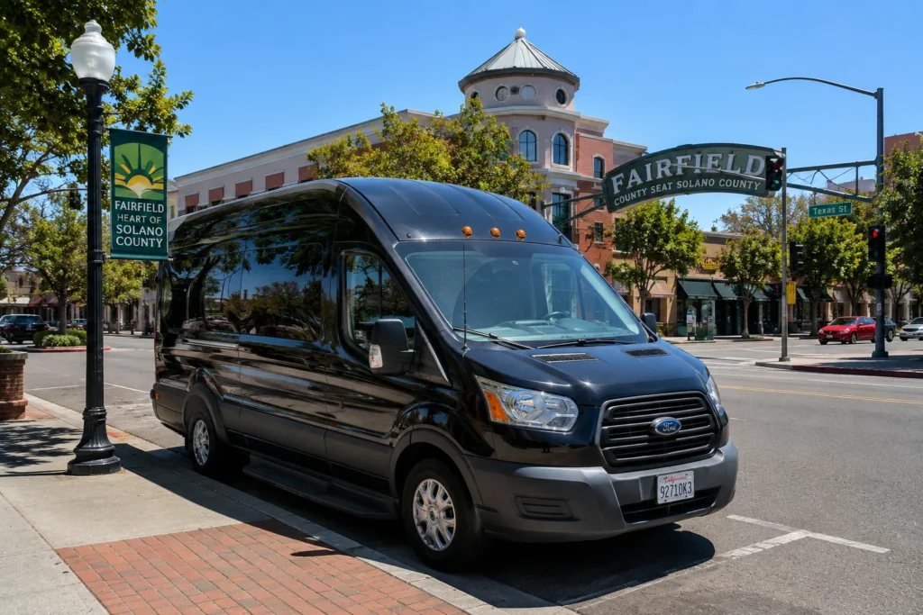 Black Ford Transit front view for Fairfield airport shuttle service Solano County