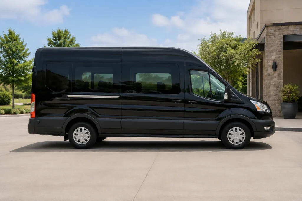 Black Ford Transit 10 passenger shuttle van for airport transfers in Solano County