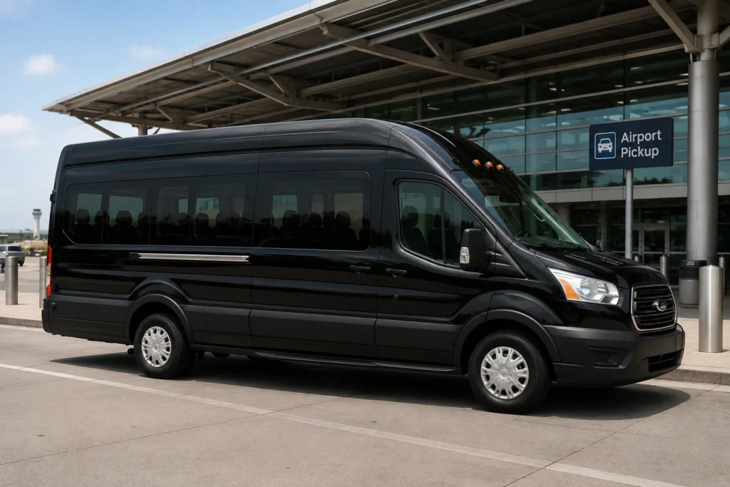Black Ford Transit 14 passenger shuttle van for group airport transfers in Solano County