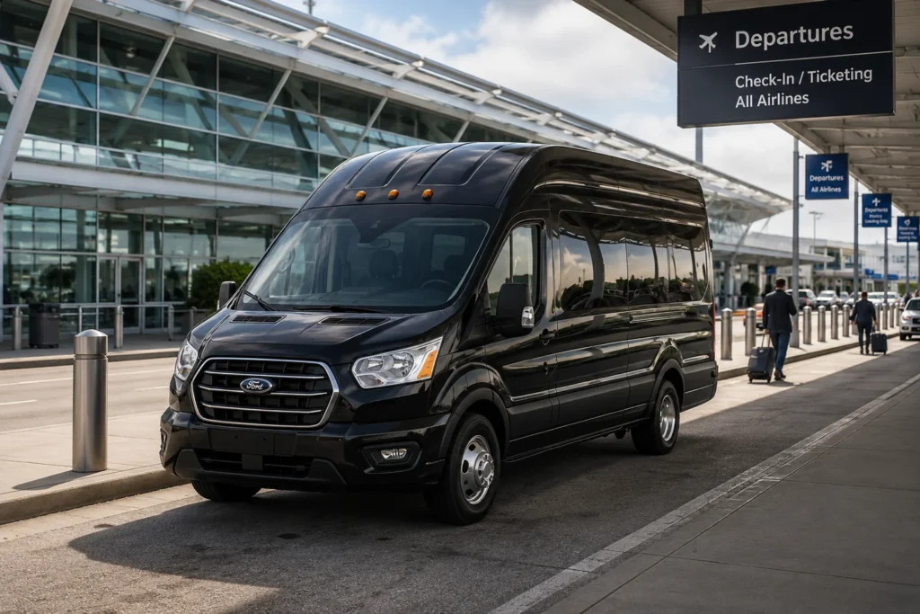Black Ford Transit at airport drop off zone for Vallejo shuttle service Solano County